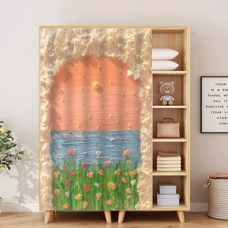 VIKAMA Oil Painting Sunset Flower Cabinet Curtain, 6 Designs, Cupboard Decor for Kitchen Living Room