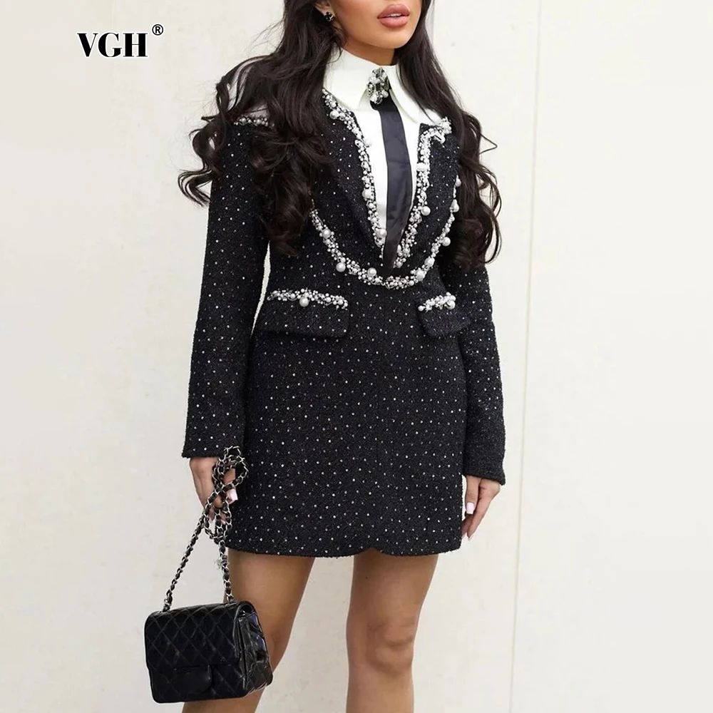 VGH Colorblock Slimming Patchwork Pearls Dress for Women Lapel Long Sleeve High Waist Fashionable Chic Mini Dresses Female New