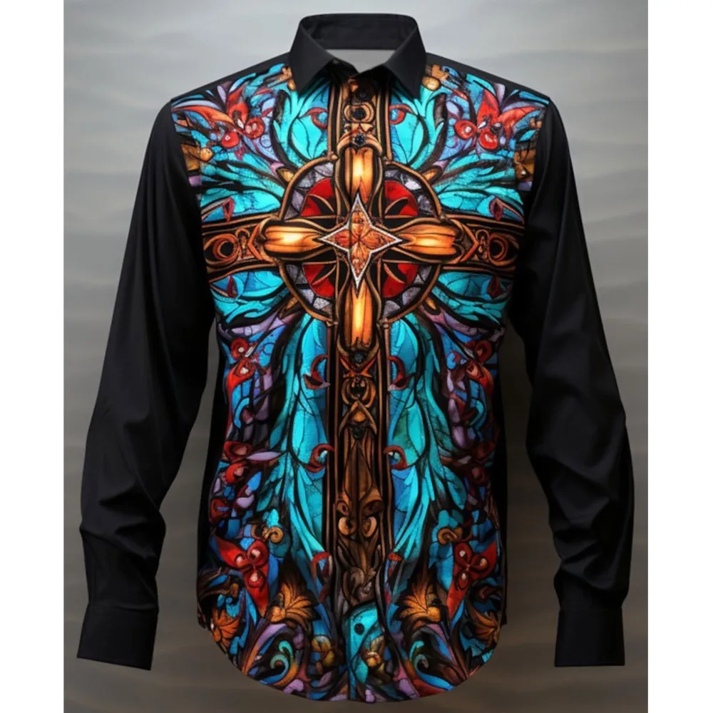 

2026 Color Block Colorful Cross Artistic Abstract Men's Shirt Daily Wear Fall Turndown Long Sleeve 4-Way Stretch Fabric Shirt