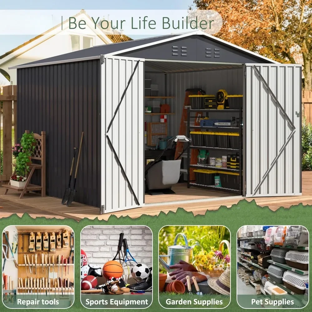 Large Garden Shed Backyard, Utility Tool Storage Lockable Doors and Updated Frame Structure, Patio Lawn，8x8 FT Storage Shed