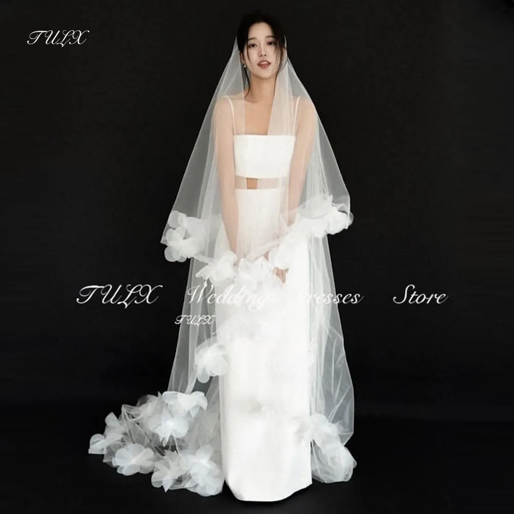 Tulx simples cinta de espaguete 2 peças com um véu coreia vestido de foto de casamento em linha reta até o chão vestidos de noiva nne incluido personalizado 2025