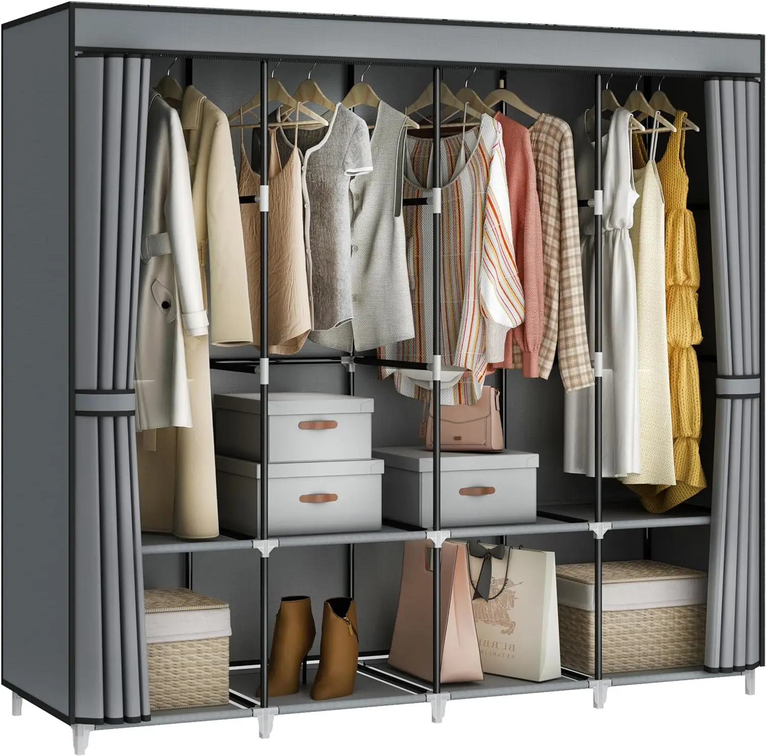 

67 Inch Large Capacity Portable Closet Wardrobe with Non-Woven Fabric Cover, 4 Hanging Rods, 8 Shelves - Grey Clothes Storage Or