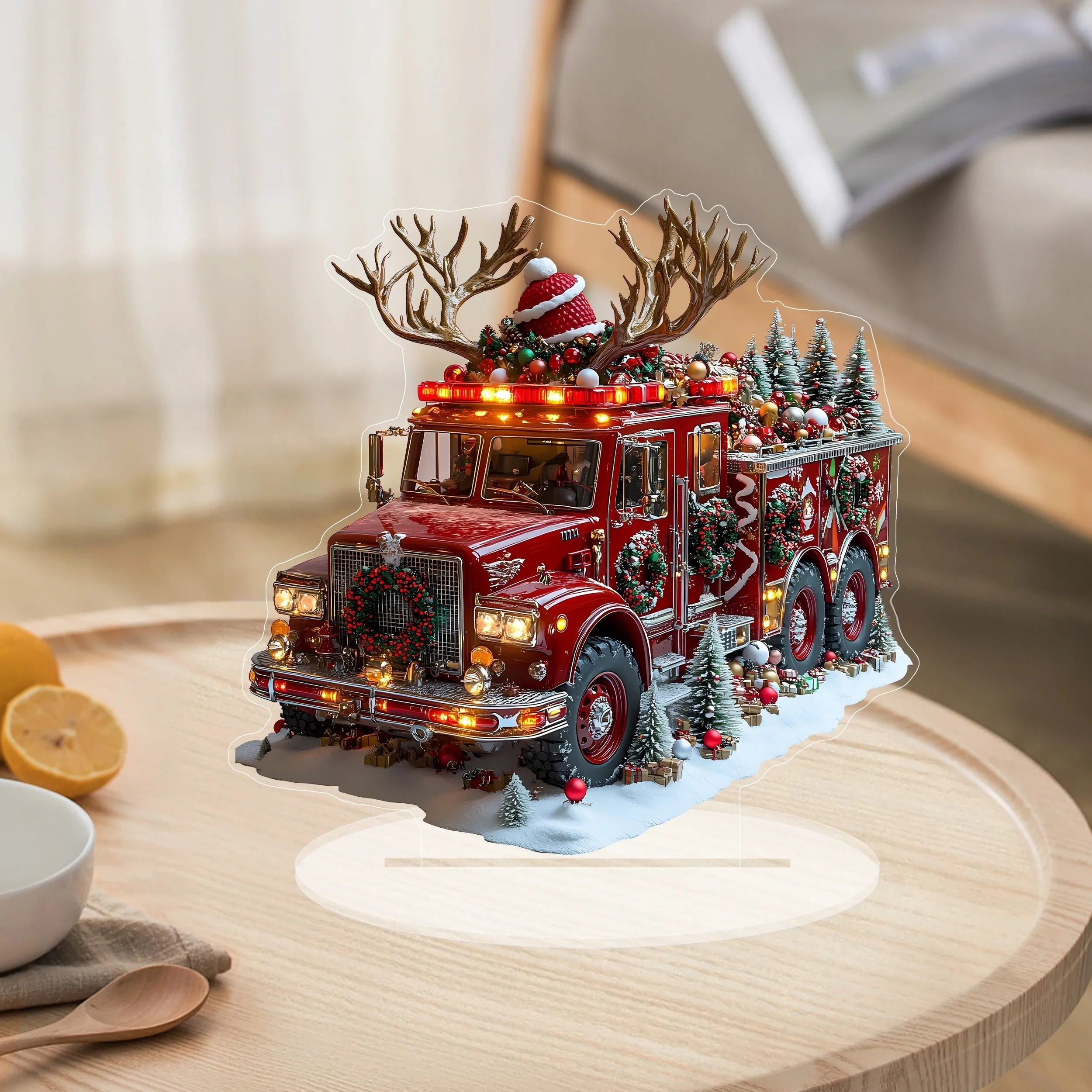 Acrylic Christmas Truck Tree Decor 2D Classic Festive Design Red Truck String Reindeer Antlers Perfect Gift Seasonal Display