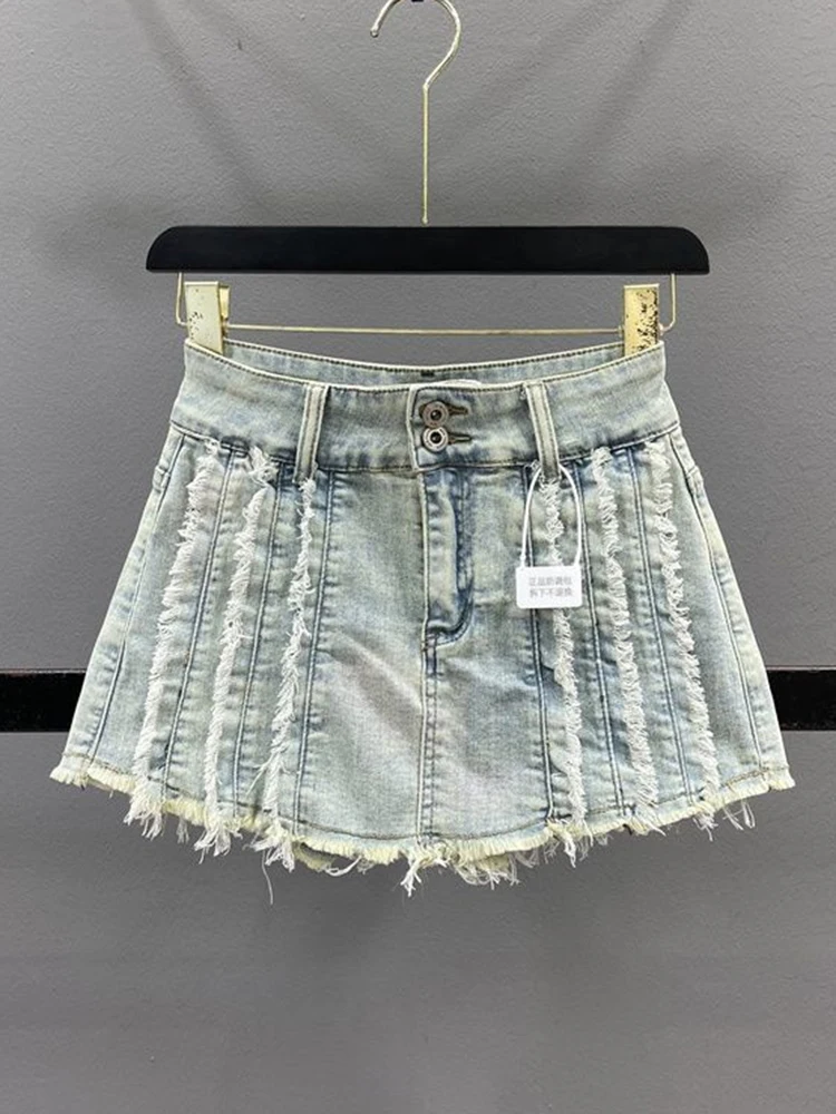 

Vintage Jean Skirts with Shorts Women 2024 New High Waist Skorts Female Ripped Tassel Short Mini Skirts Denim Skirts Girly