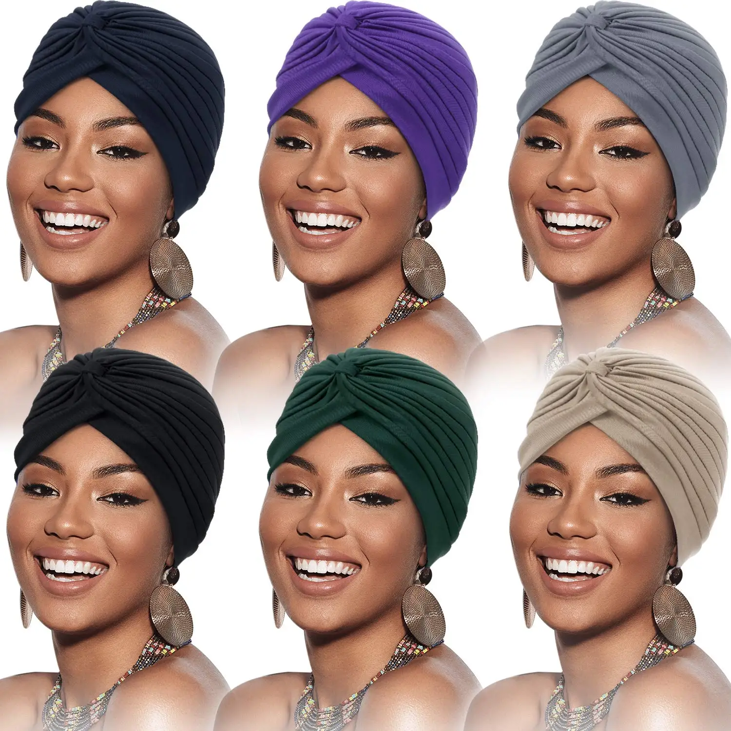 1Pcs Head Wraps Turbans for Women Stretchy Chemo Cancer Headwears Twisted Pleated African Hat Cover, Multicolor