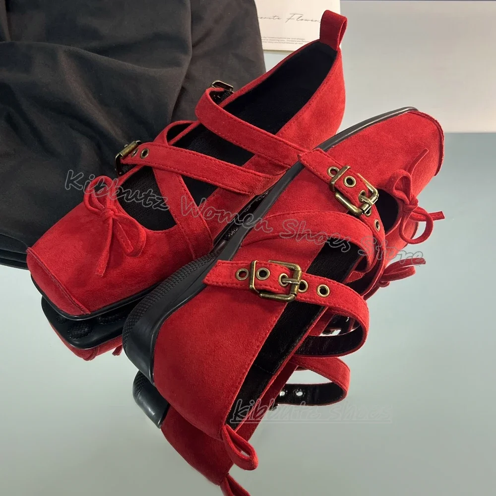 Ballet Mary Jane Pumps Belt Buckle Cross Strap Leather Solid Color Fashion Elegant Sexy Women Shoes Newest Square Toe Flat with view 5