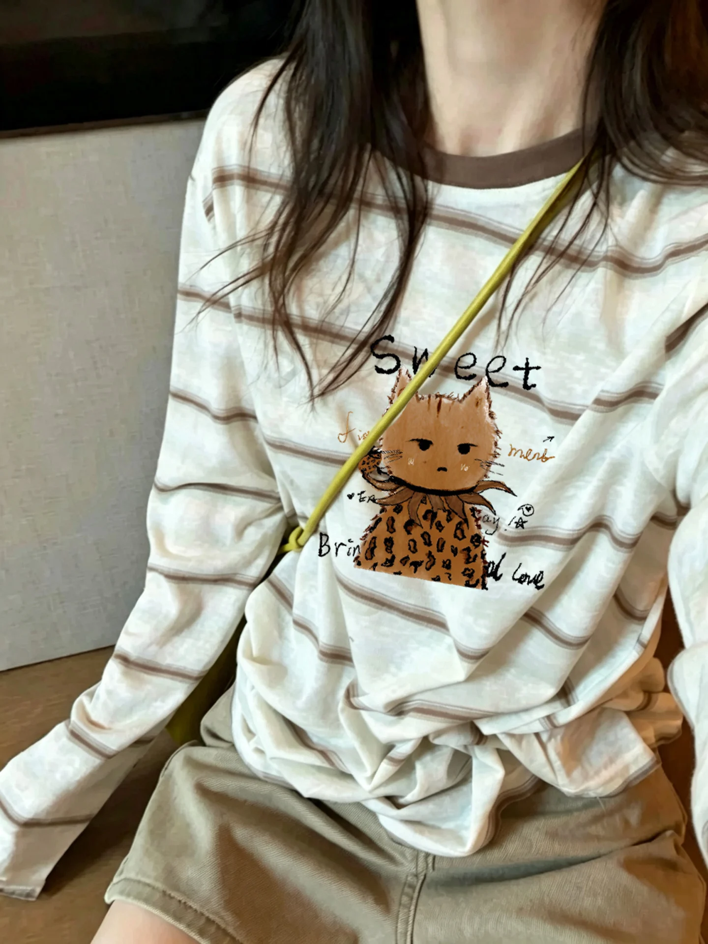 Retro Long Sleeve T-Shirt Women's Cartoon Anti-Aging Print Early Autumn New Style Snowflake Cotton Sunshade Cover up Stripes