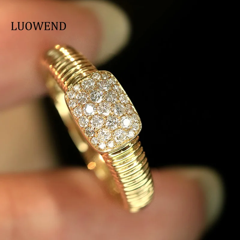 

LUOWEND 100% 18K Yellow Gold Rings Fashion Geometric Shape Real Natural Diamond Cocktail Ring for Women High Party Jewelry