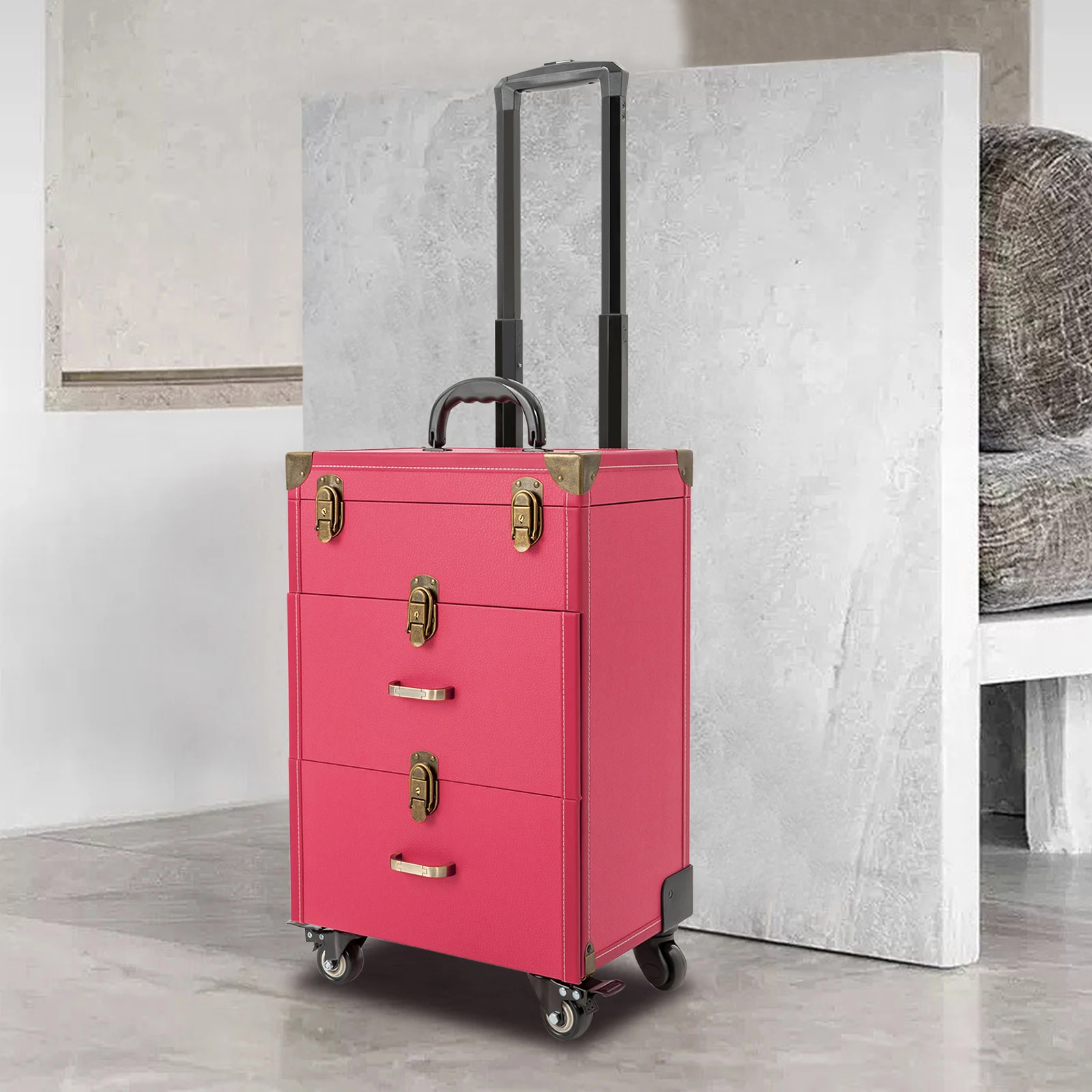 Makeup Train Case, Rolling Makeup Trolley Case, w/ 4 Wheels, Rose