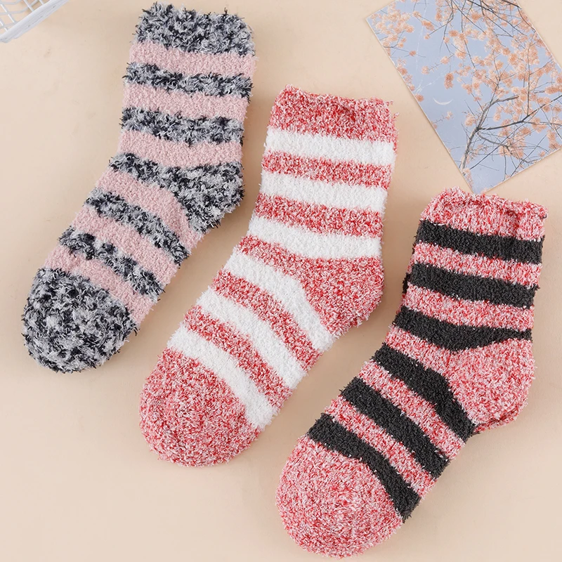 1/3/6 Pairs Random Women Autumn Winter Classic Color Block Striped Thick Fleece Warm Mid-Calf Socks
