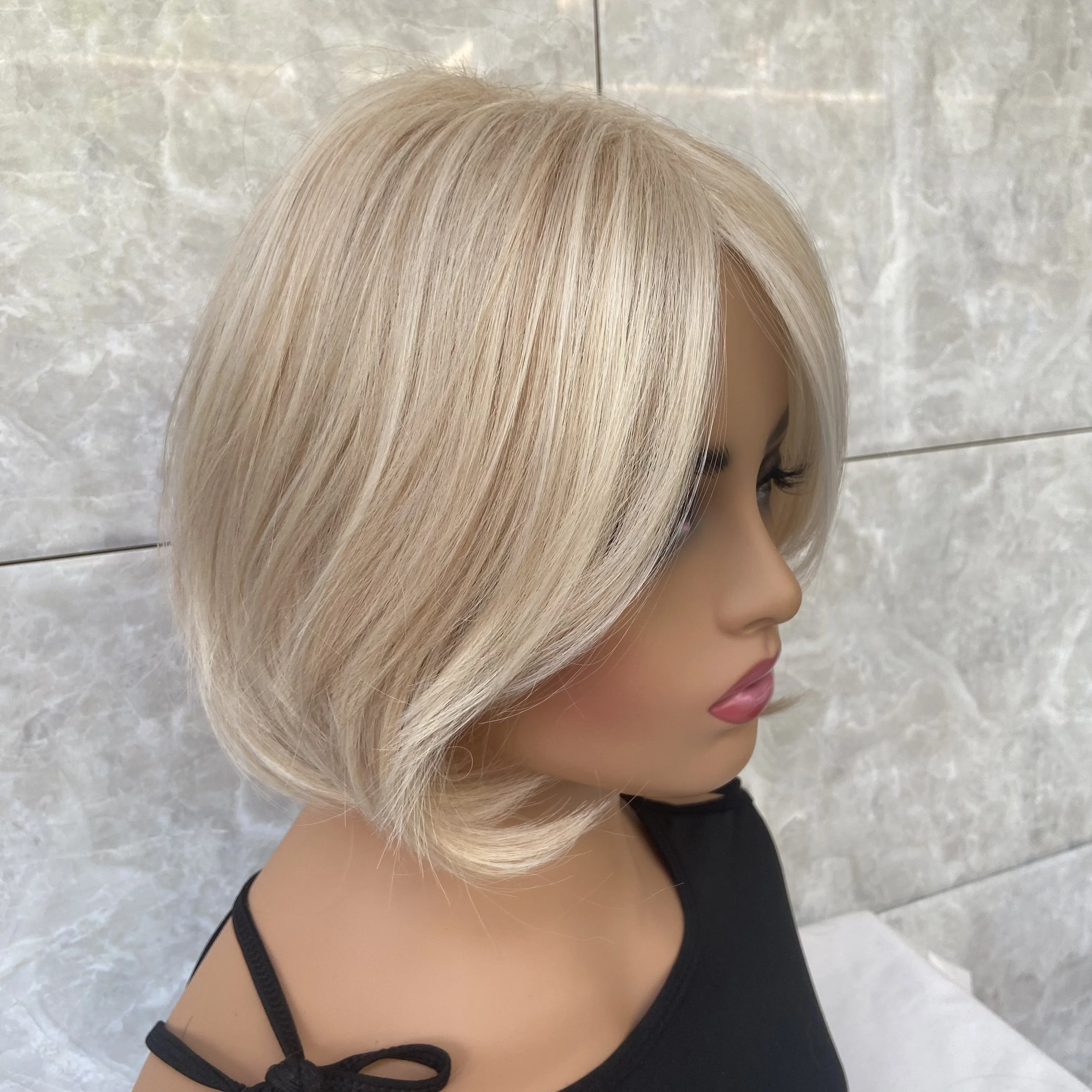 Fashiomag-Peruca de penteado curto e reto para mulheres, cabelo humano macio natural, perucas Blend Heat Ok, uso diário