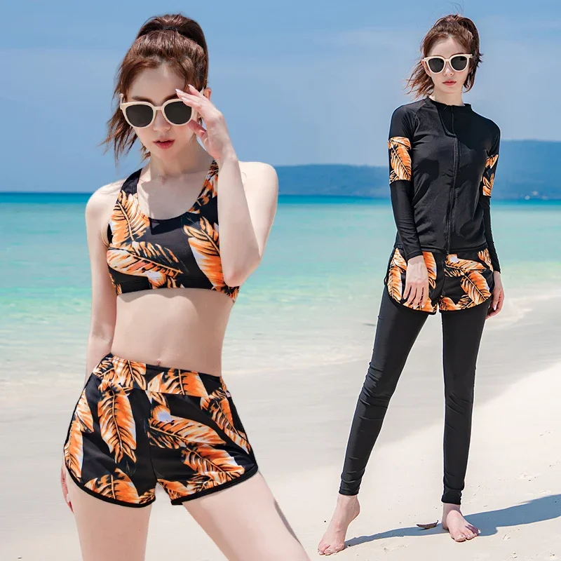

2024 New 5 Pieces Women Swimsuit Rash Guards Long Sleeve Pant Bathing Suit Leaf Print Surfing Wear Swimwear Bathing Suit