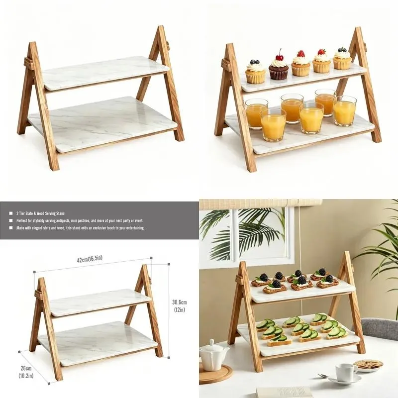 2 Tier Marble Acacia Wood Handcrafted Square Cake Stand with Collapsible Kitchen Storage Rack Serving Tray Dessert Display