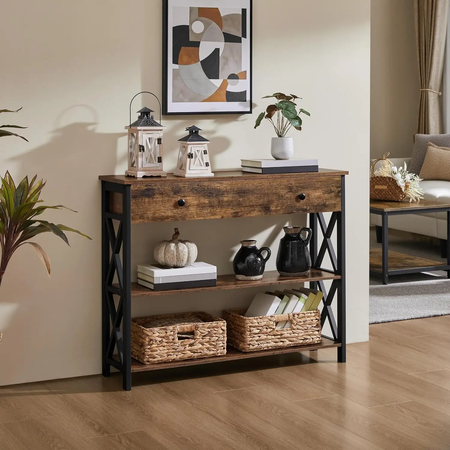Console Table with Drawer, Rustic Entry Table with 3 Tier Storage | Narrow Hallway Sofa Table with Hidden Storage, Customized