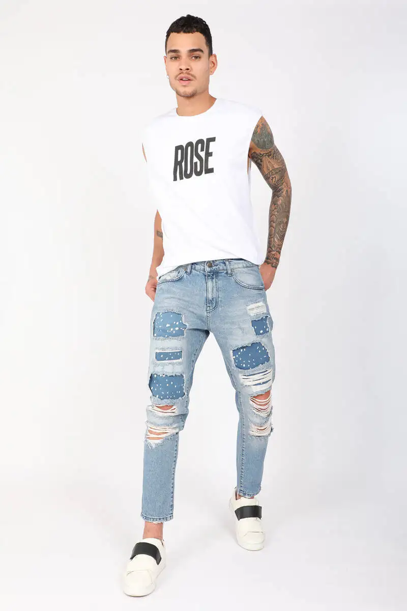 Men's Painted Ripped Detaylı Jean Pants Blue