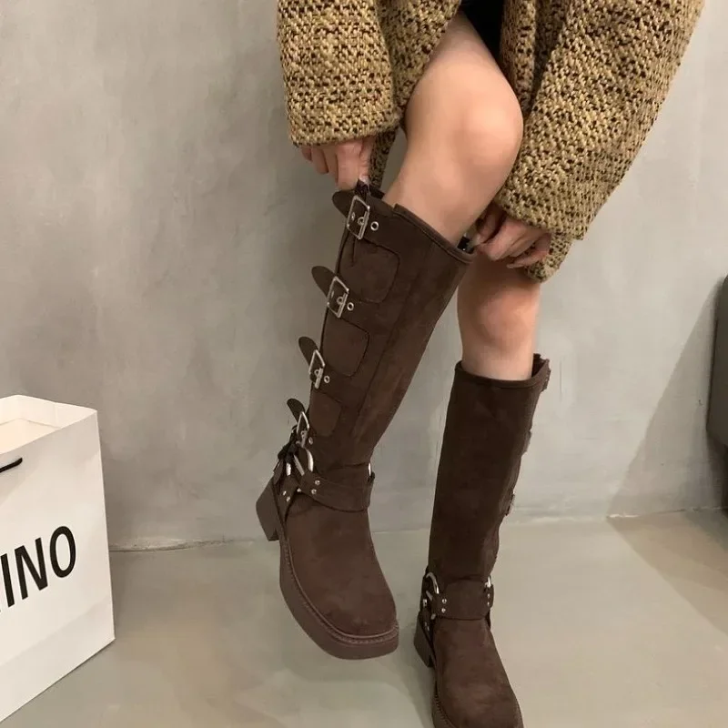 Botas altas no joelho para mulheres, fivela de cinto, sapatos femininos, salto quadrado, moda, alta qualidade, venda quente, 2023