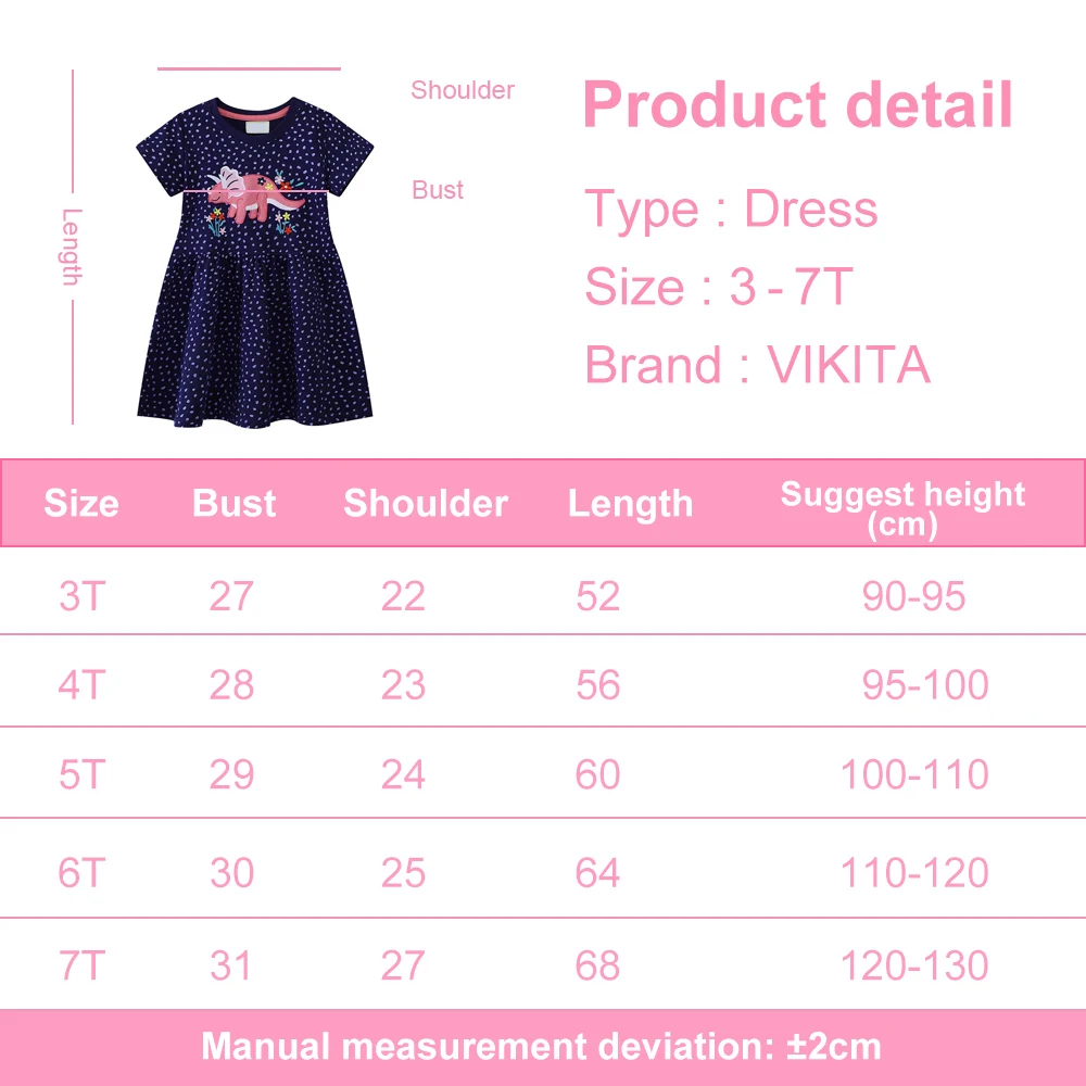 VIKITA Kids Short Sleeve Summer Dresses Girls Dinosaur Flower Embroidery Dress Children's Fashion Cotton Dress Girls Clothing