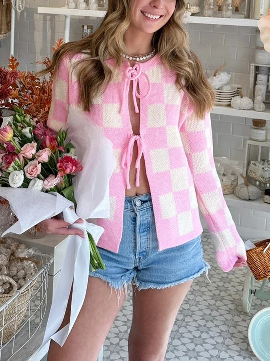 Roze Vrouwen Vest Koreaanse Zoete Plaid Lange Mouw Vrouwelijke Truien Harajuku Nieuwe O Hals Preppy Stijl Dames Tops S-XL