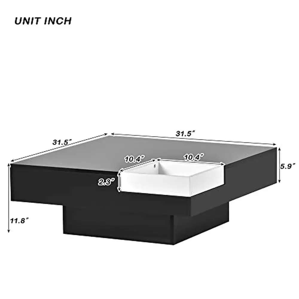 LED Square Coffee Table 16 Colors Remote Control Detachable Tray Minimalist Design High-Density Particleboard UV Surface Gloss