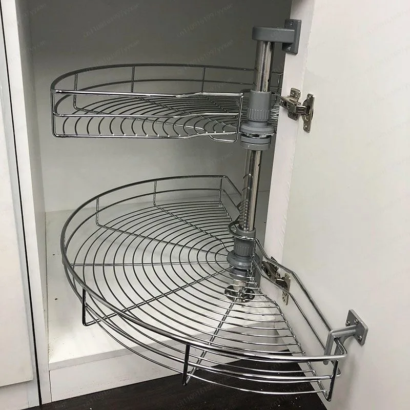 The arc-shaped pull-out basket in the corner of the cabinet can be rotated 180 degrees for a double-layer storage rack