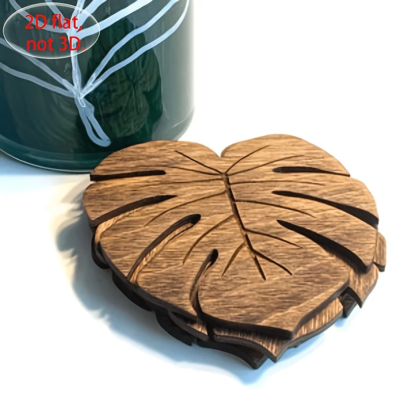 4PCS 2D Printed Monstera Natural Wood Coaster Set, Heat Resistant Table Mat, Non-Slip Drink Coaster, Christmas Thanksgiving Gift