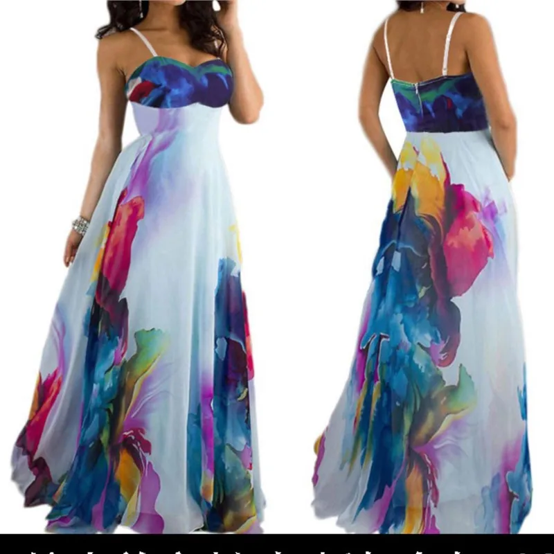 European and American Women's Clothing Sling Bandeau One-Shoulder Digital Printing Dress Long Dress Fashion Waist-Controlled