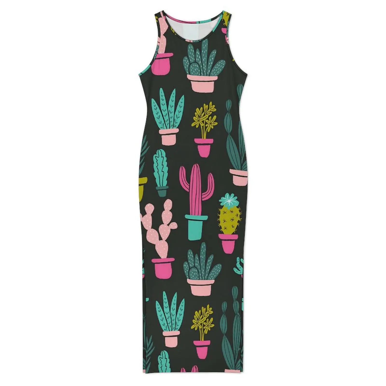 Abito aderente da donna Abiti maxi cactus divertenti casual Piante cactus primaverili Stampa senza maniche Abbigliamento da strada Abito personalizzato di grandi dimensioni