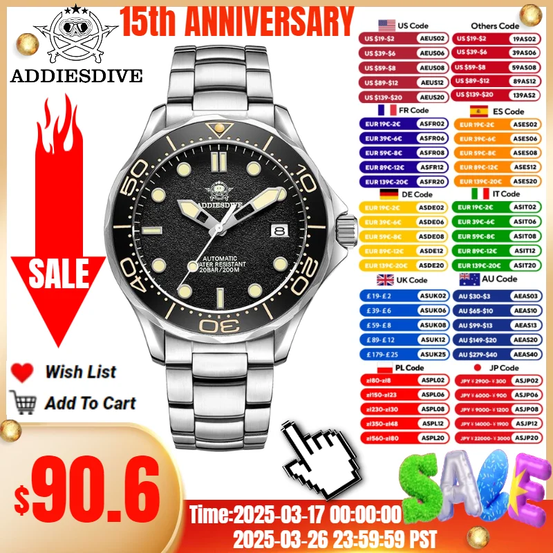 ADDIESDIVE Men Luxury Watch C3 Super Luminous NH35 Sapphire Crystal Reloj Hombre 200m Diving Automatic Mechanical Watches