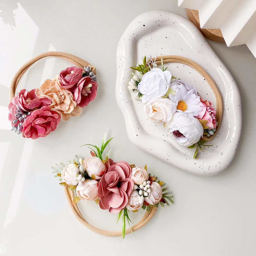 Diademas de flores artificiales para bebés y niñas, banda elástica de nailon hecha a mano, accesorios para el cabello, decoración para el cabello, 1