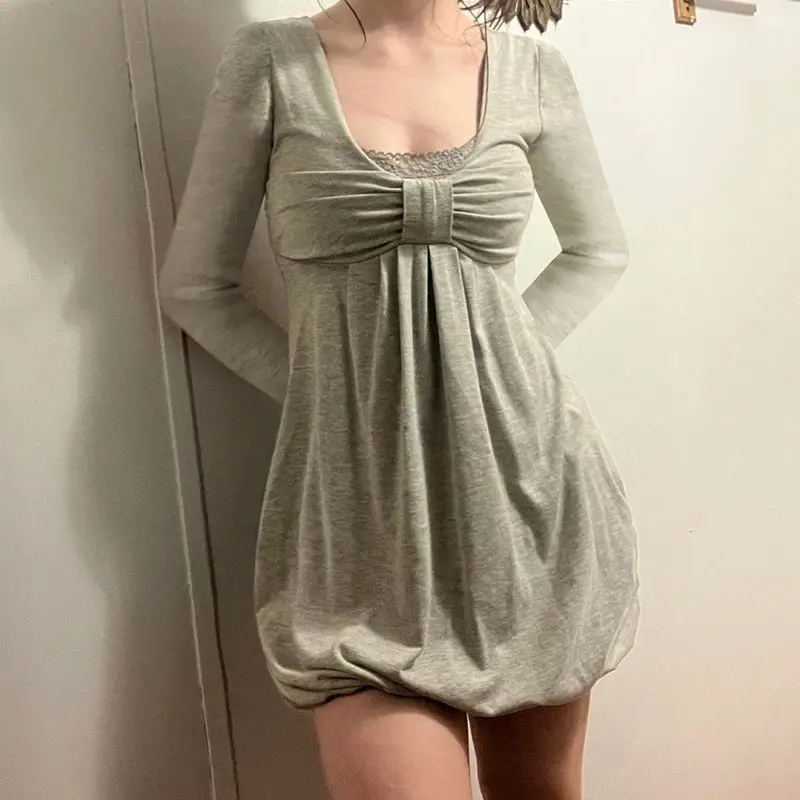 Verão elegante doce arco retalhos falso dois vestidos sexy gola quadrada vestido para mulheres manga longa solto vestidos femininos