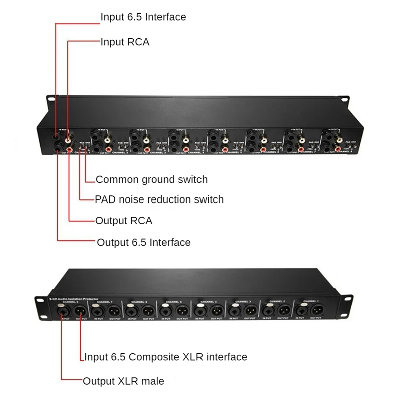 T8 Multi-Function 8-Channel Audio Isolator 1U Rack Mounted XLR 6.35Mm Audio Isolator Eliminates Current