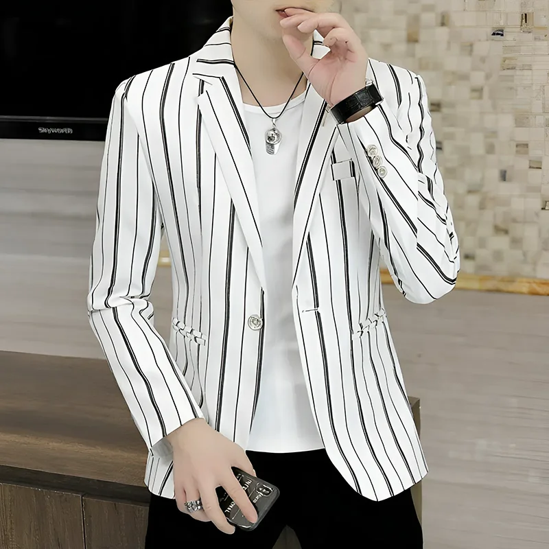 

Slim Fit Men's Suit Jacket Trendy Vertical Stripe Texture Spring Autumn Fashionable Young Adult Korean Style Casual Single-Br...
