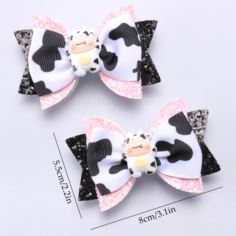 2PC Girls Cow Print Glitter Bow Hair Clips Cute Cow Bow Grosgrain Ribbon Bow Clips Girls Hair Accessories Headwear Hair Clip image 6