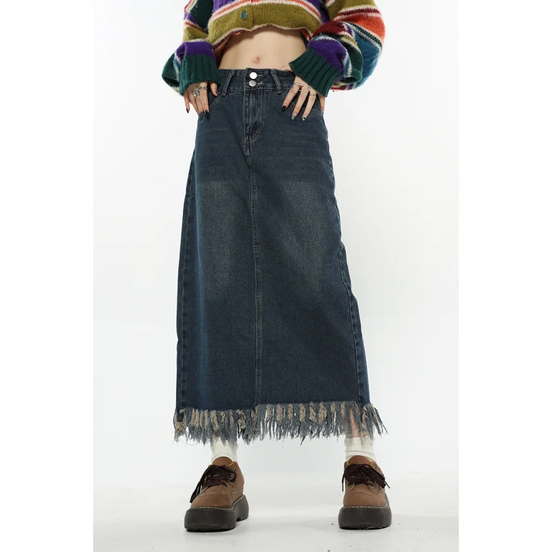 Women Blue Denim Half Body Skirt Tassels Bottoms High Waist Casual Korean Mid Length Skirt Baggy Vintage Female Long Skirt