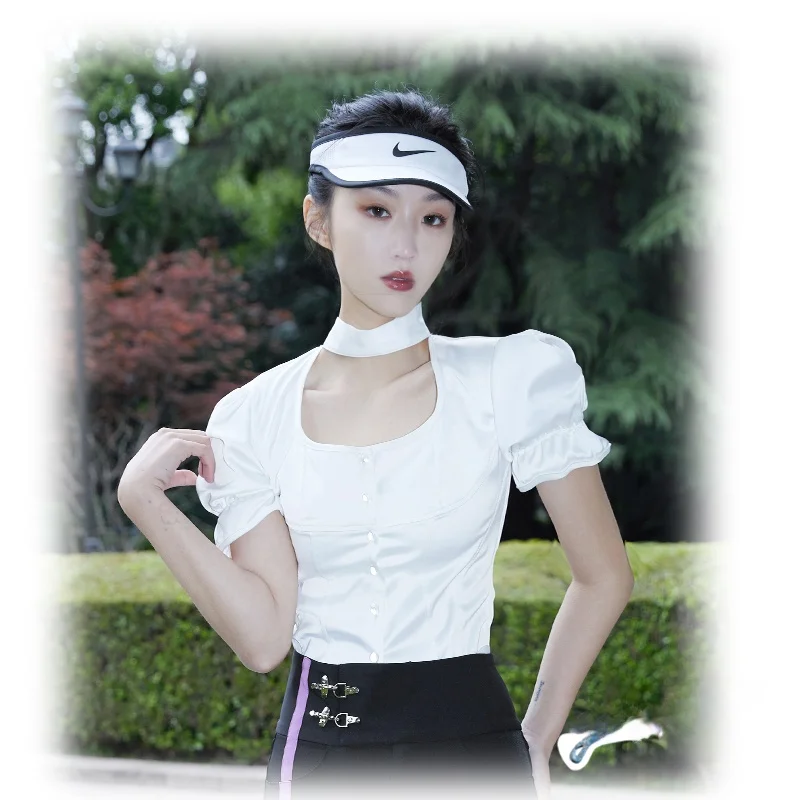 

Оригинальный дизайн Livinom: приталенная эластичная атласная блузка с коротким рукавом-фонариком, 100% полиэстер