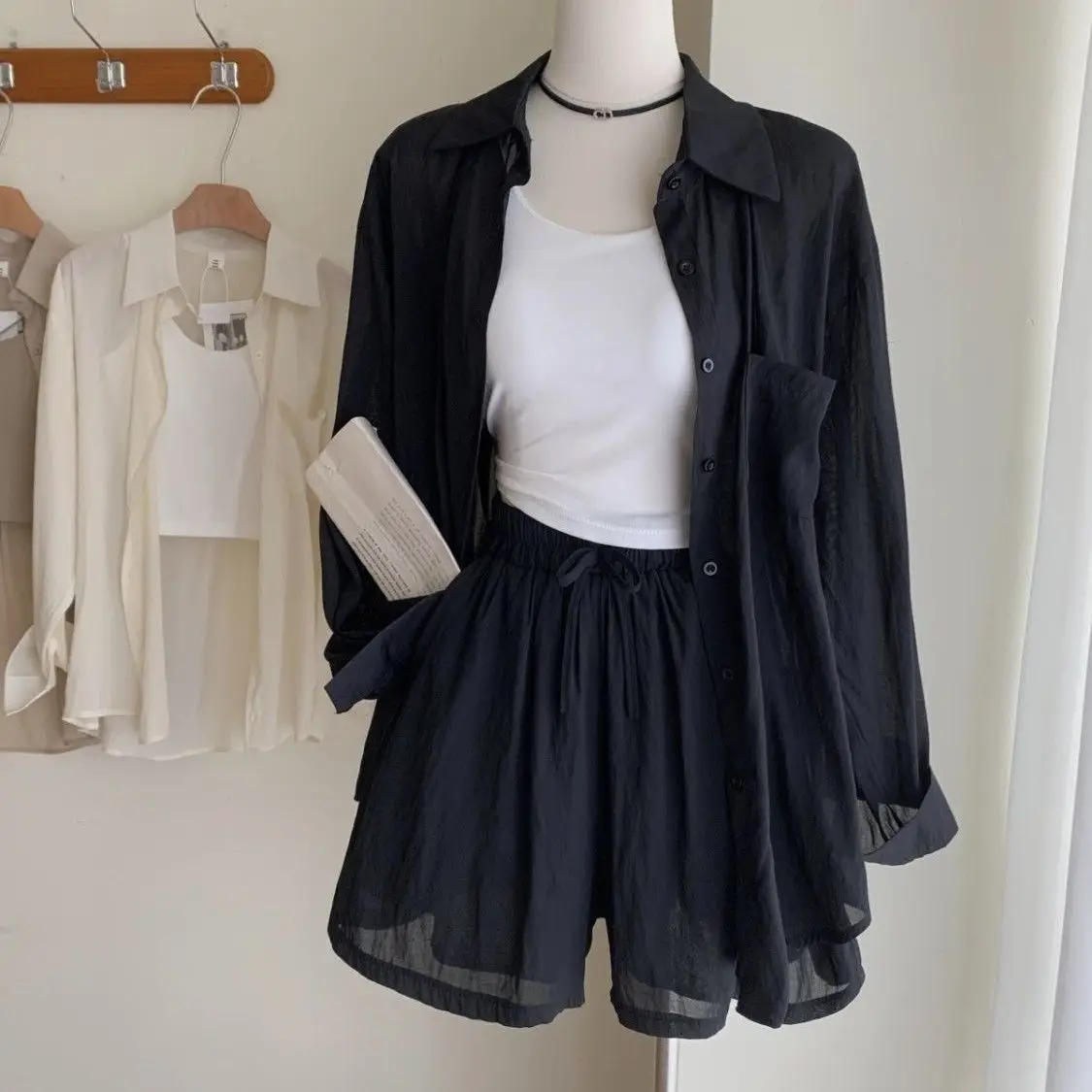 Women's Korean Casual Loose Thin Suncreen Shirts Sling Short Pants Three Piece Set Lady Daily Simple Solid Top Trousers Outfits