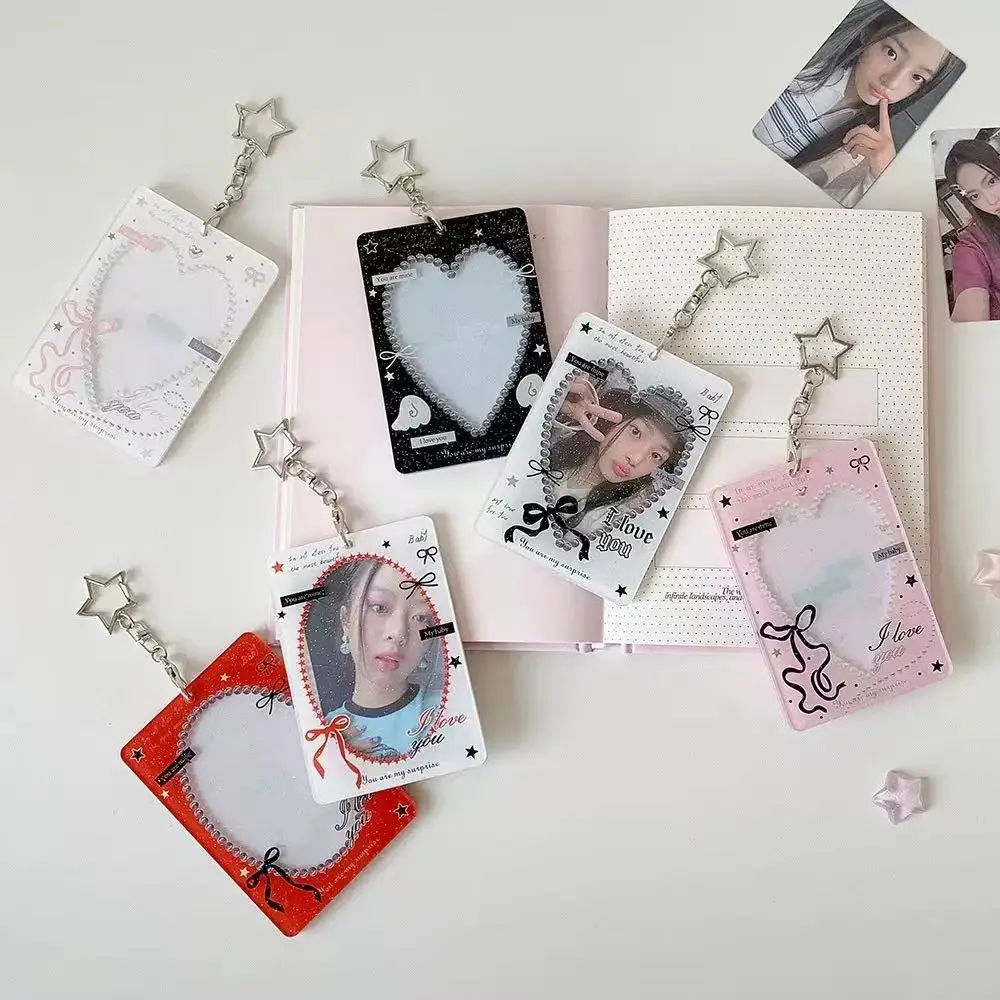 1-2pcs INS Fashion Hollow Heart 3in Card Holder Cute Girls Idol Photo Storage Card Bag Decoration Student Pendant Keychain Gifts image 4