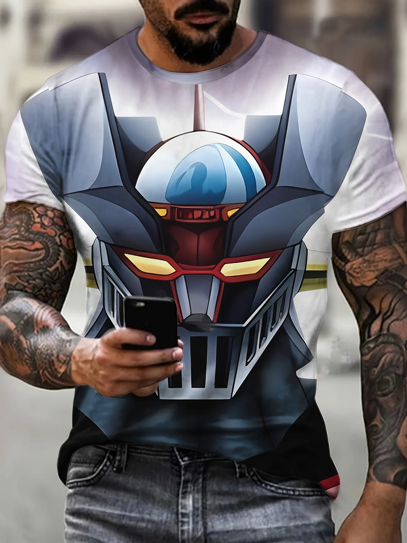 Anime Mazinger Z Mecha T-Shirt Casual Round Neck Stretchable Fabric Printed Design Men'S Relaxed Sportswear Knit Construction