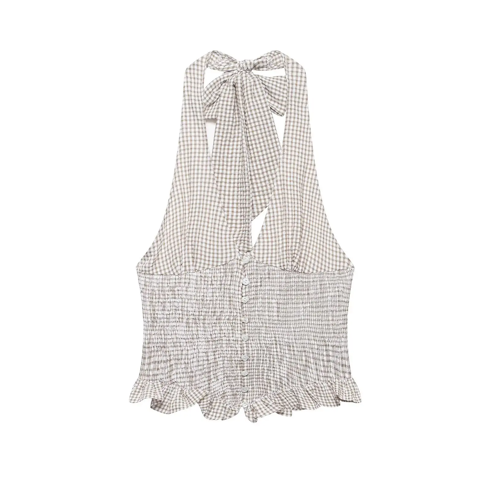 BSAY Sexy V-neck Plaid Blouse Women's New Vintage Halter Backless Bow Ruffle Hem Button Down Crop Cami