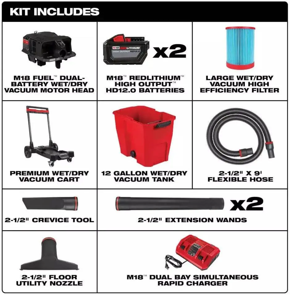 Vacuum Kit Fits Milwaukee 0930-22Hd M18 12 Gallon Dual-Battery Wet Dry Vacuum, Vacuum Cordless, Wet Dry Vac Kit