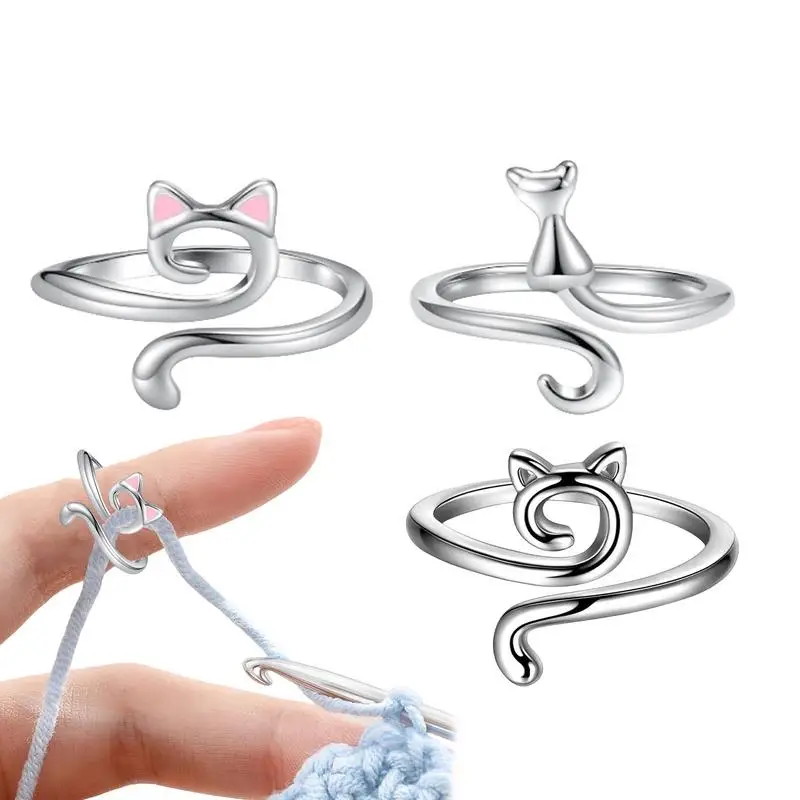 3 Pieces Metal Knitting Tools Handmade Cat Ears Finger Ring Blade Needle Braiding Crochet Yarn Guide Accessories Ring Wool Craft