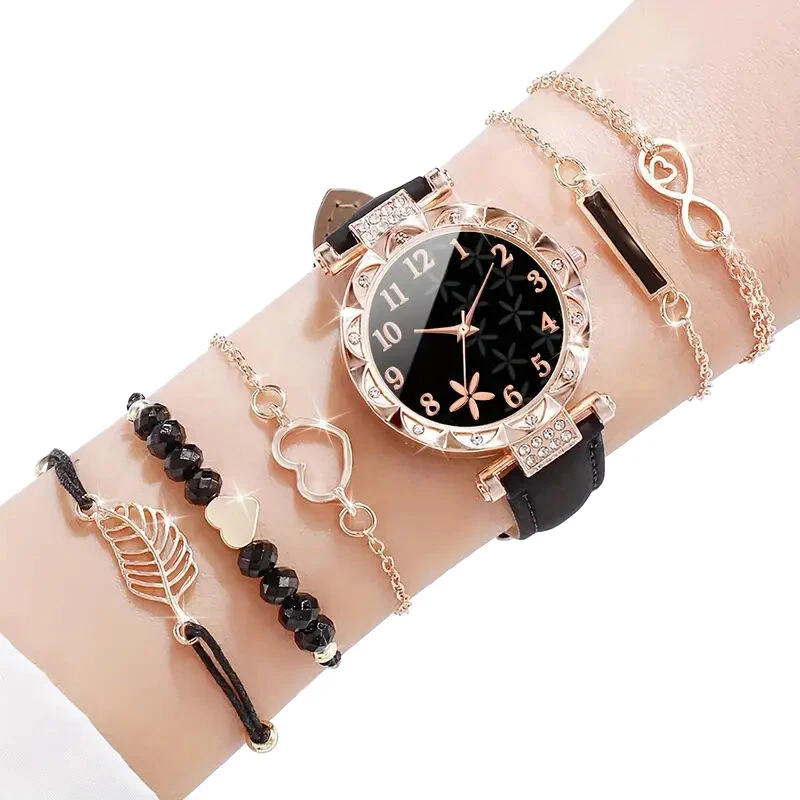 6pcs/set Women\'s Watch Casual Flower Quartz Watch PU Leather Wrist Watch Bracelets Combination Set Jewelry Gift For Women Girl