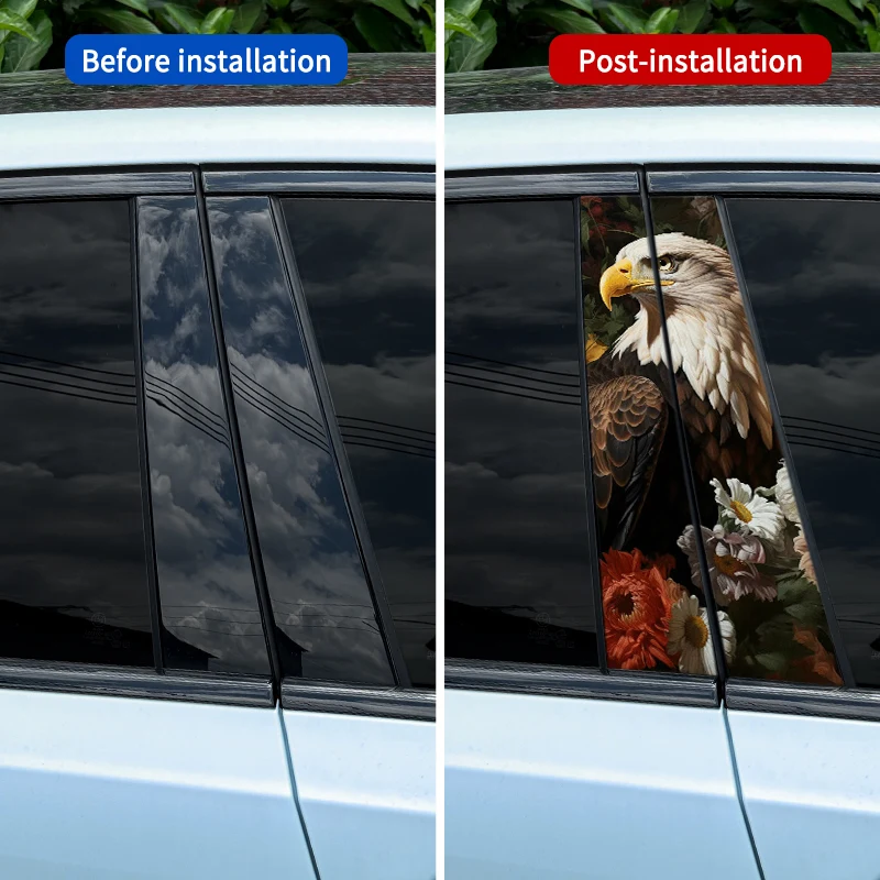 1pc/2pcs Flowers and Bald Eagle Car B-pillar Stickers Waterproof Sunscreen Auto Vinyl Decals Cartoon Automobile Decoration