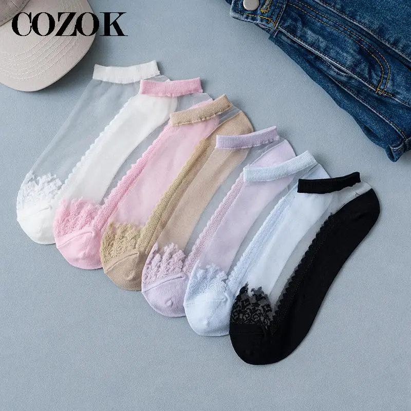 5 par skarpetek damskich Letnie kwiatowe koronkowe skarpetki do kostki Miękkie jedwabne cienkie przezroczyste wiosenne solidne Kawaii Śliczne oddychające skarpetki kapcie — zdjęcie 7
