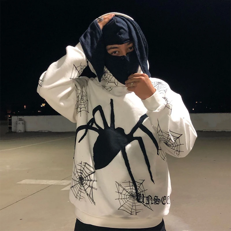 Y2K Hip Hop Hoodie Spider Graphic Print Oversized Hoodie Sweatshirt Mens Fashion Gothic Pullover Hoodie Clothes ropa hombre