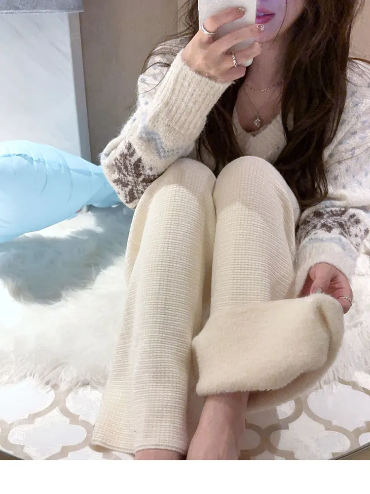 

Женские повседневные вязаные брюки из вельвета с подкладкой из искусственного меха, прямые широкие штанины, теплые, комфортные, из полиэфирного волокна, прямого кроя