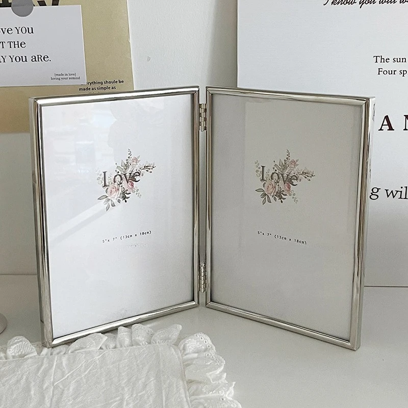 Hinged Double Simply Silver Metal Picture Frame, Elegant Silver Plated Metal Photo Frames 4 x 6''  for Desktop