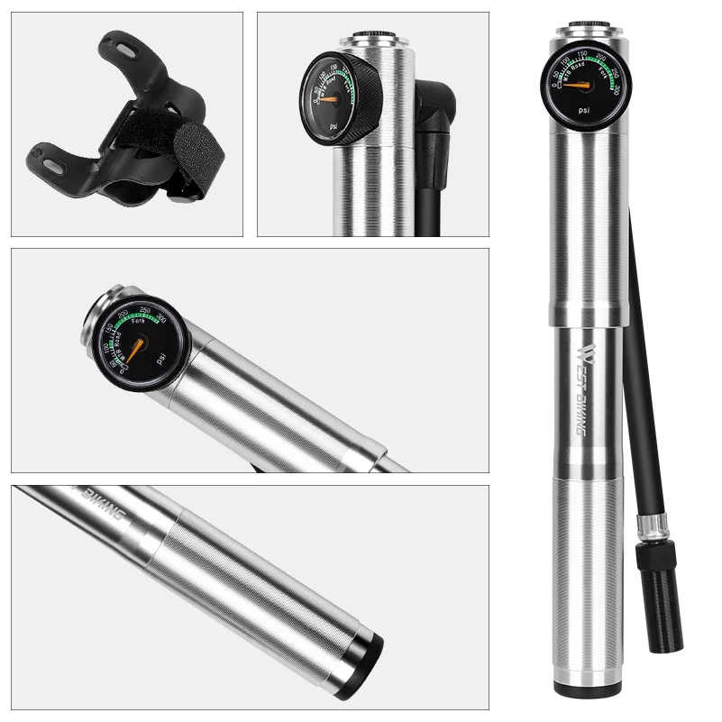 WEST BIKING Road Bike Pump 300 PSI Cycling Mini Pump Tire Inflator With Air Hose Pressure Gauge Aluminum Alloy MTB Fork Pump