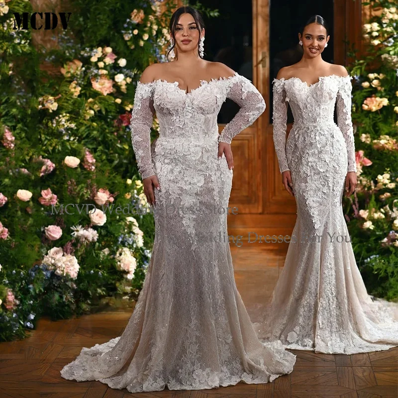 

Mermaid Wedding Dresses Plus Size Long Sleeves V Neck 3D Applique Beading Sparkling Lace Bridal Gown for Women CDVM