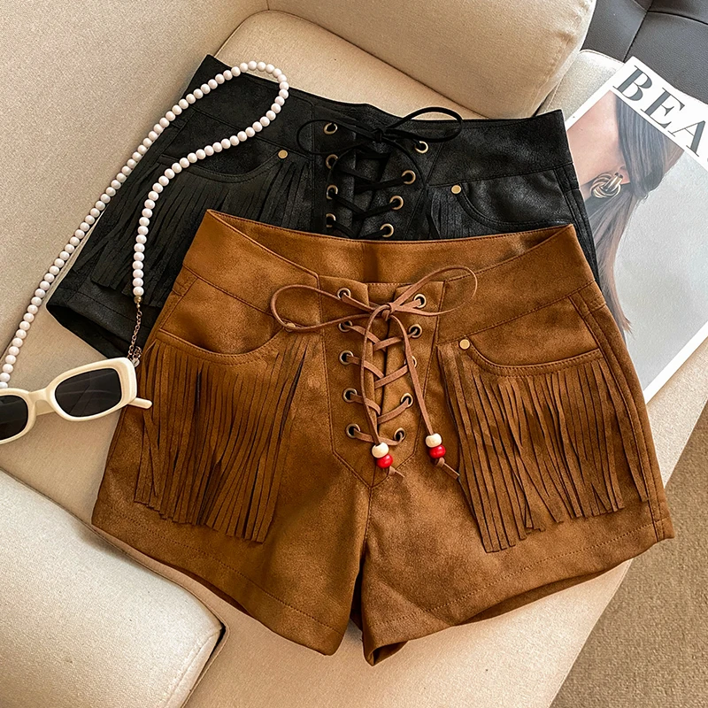 

American Retro Fringed Suede Shorts for Women Tassel Lace-Up Black Shorts 2025 High Waist Straight Wide Leg Hot Pants